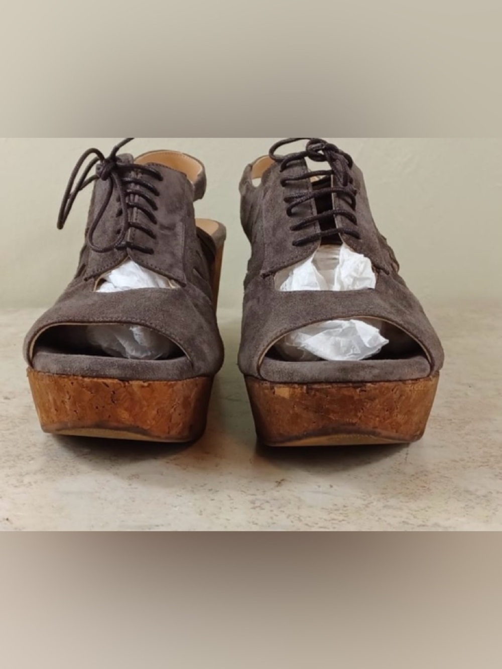 COCLICO Gray Suede Lace-Up Platform Sandals with Cork Heel